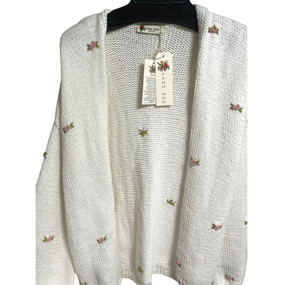 Fanm Mon Hand Knit Pink Rose Cardigan Cotton Sweater | Womens M L NEW - Picture 4 of 13